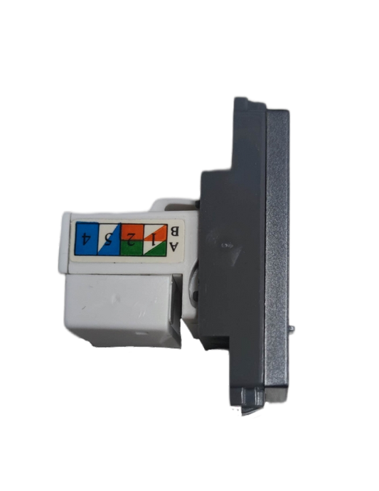 Omni LAN outlet device side view showing RJ45 keystone jack with color coded wiring diagram and silver faceplate