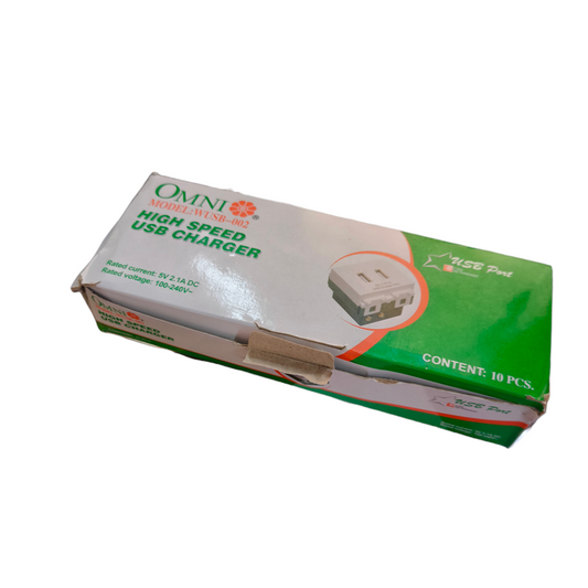 Omni USB Outlet 2 Gang 2.1A 5V WUSB-002 high speed USB charger in green and white packaging