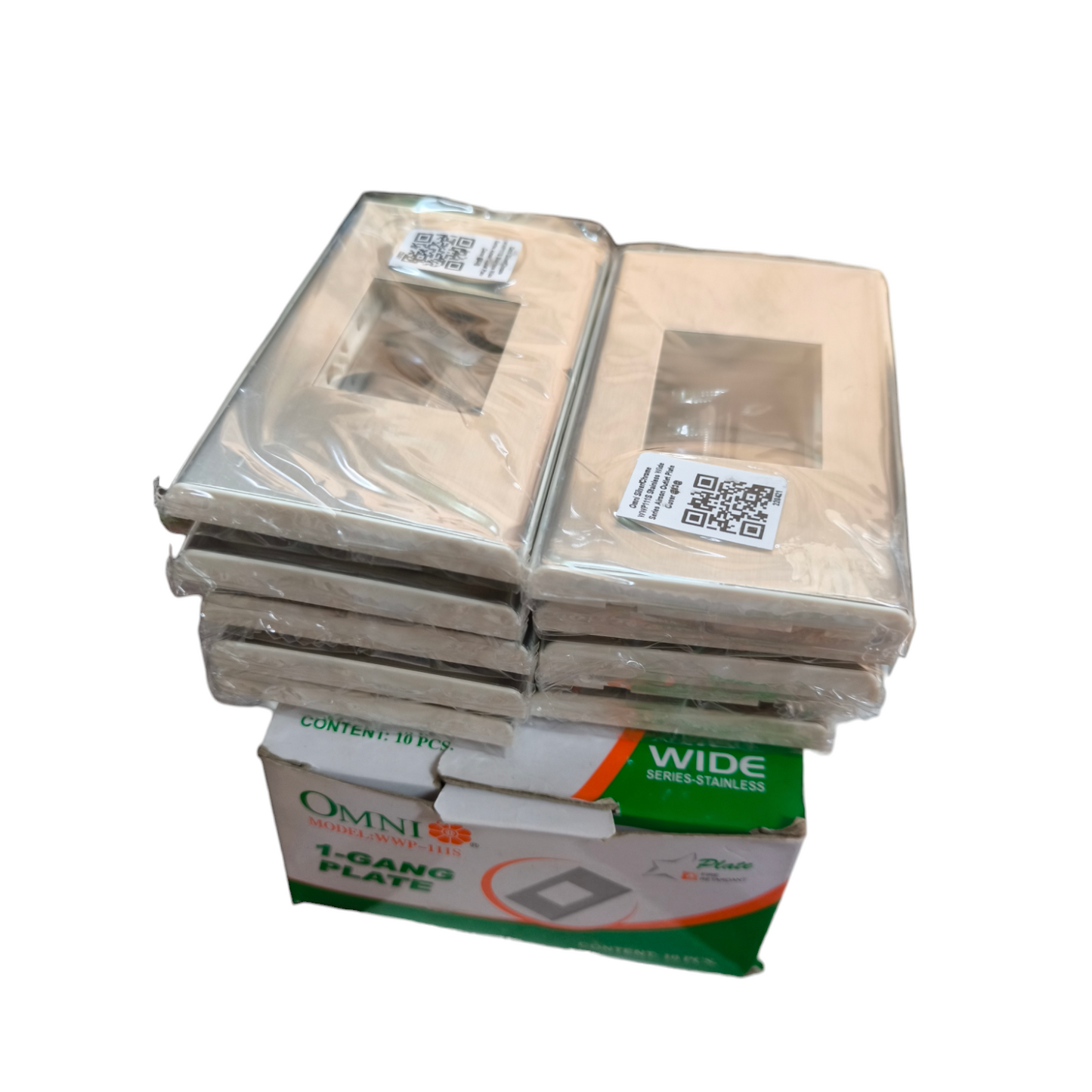 Stack of Omni WWP-111S device cover power point switch covers packaged on Omni box