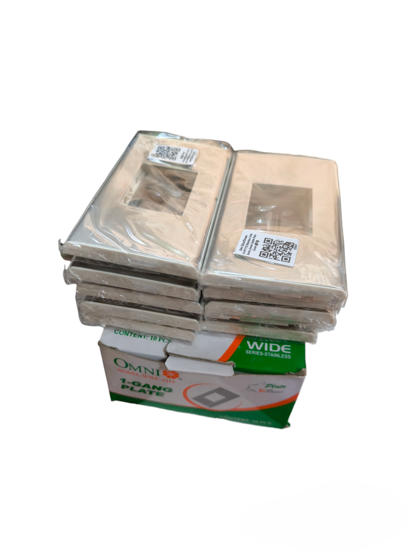 Stack of Omni WWP-111S device cover power point switch covers packaged on Omni box