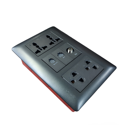 Omni combo lan telephone tv electrical outlet with multiple power points and switches in black