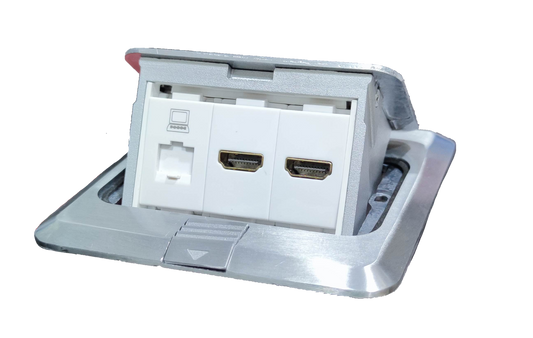 TJ brushed steel floor outlet box showing Floor Outlet HDMI, HDMI, DATA with two HDMI and data jack
