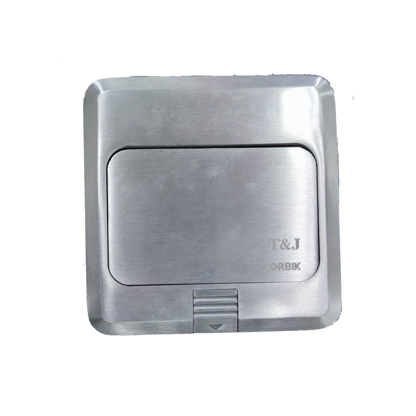 T&J Floor Outlet Pop-up 2 Gang USB Outlet in brushed metal finish with closed lid