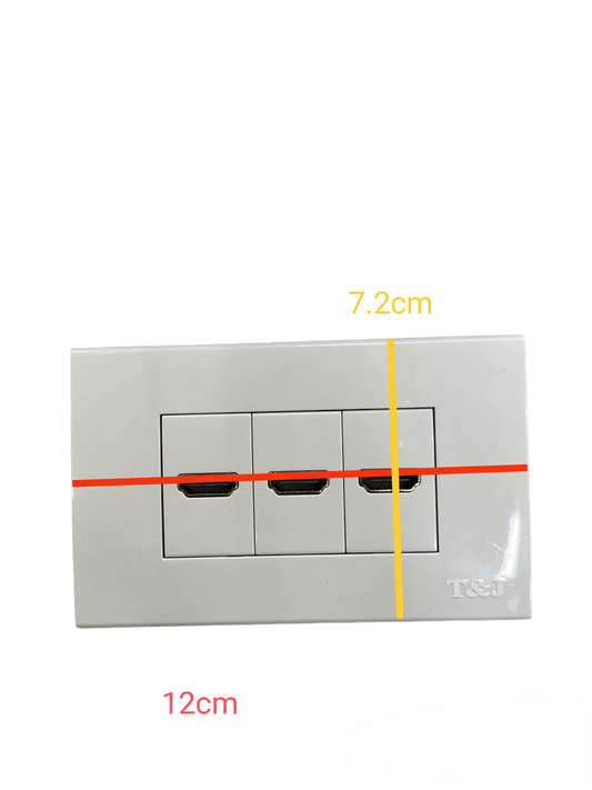 T&J HDMI Outlet with Plate Cover showing three HDMI ports on a white wall plate with dimensions