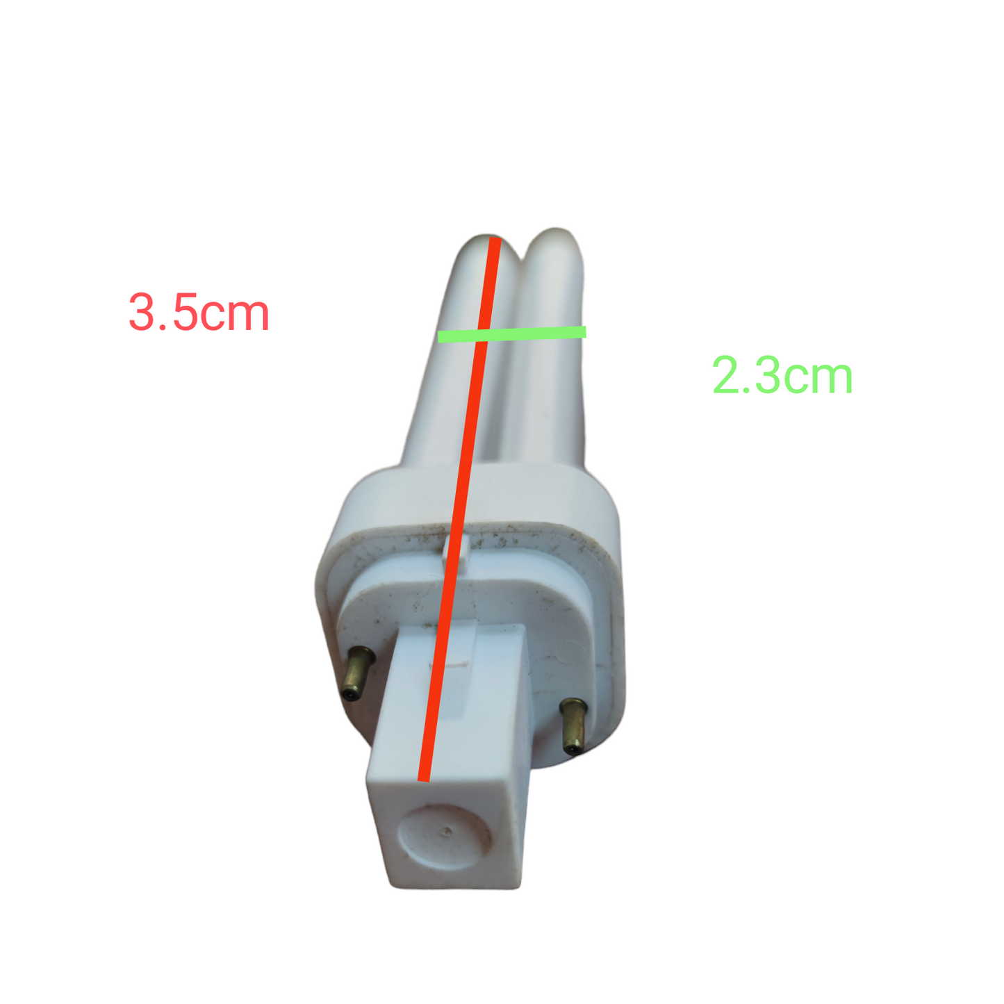 Osram 13W Pinlight Dulux D G24d-1 compact fluorescent bulb with two-pin base and measurements shown