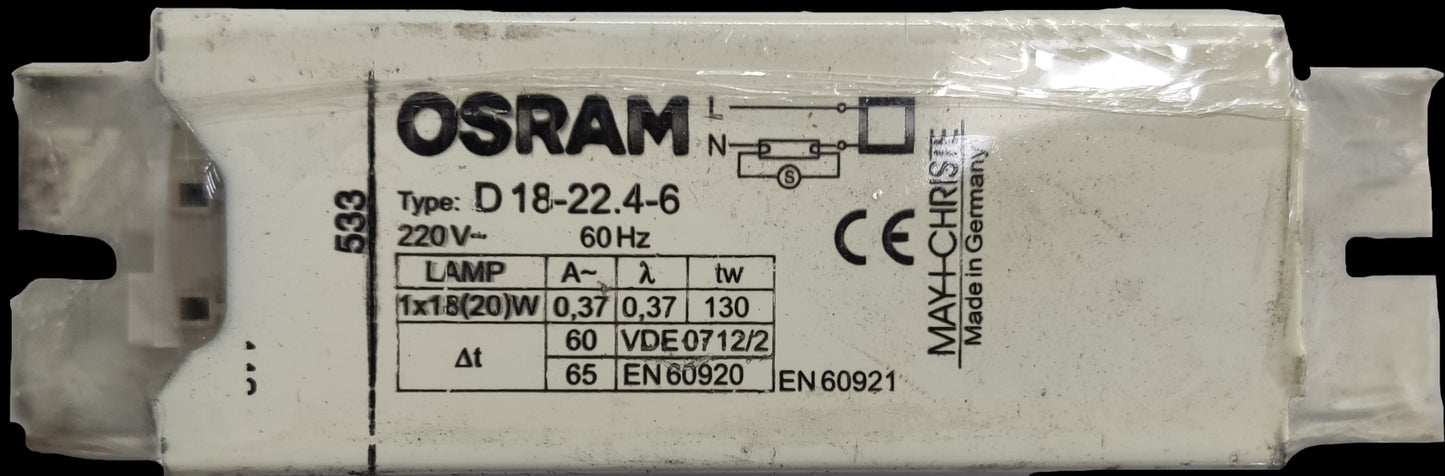 Osram 18W magnetic ballast by May & Christie, designed for efficient electrical circuit performance.