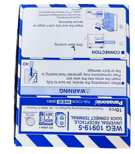Panasonic 16A 250V quick connect terminal outlet packaging box with wiring diagram and warnings