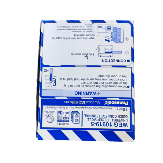 Panasonic 16A 250V quick connect terminal outlet packaging box with wiring diagram and warnings