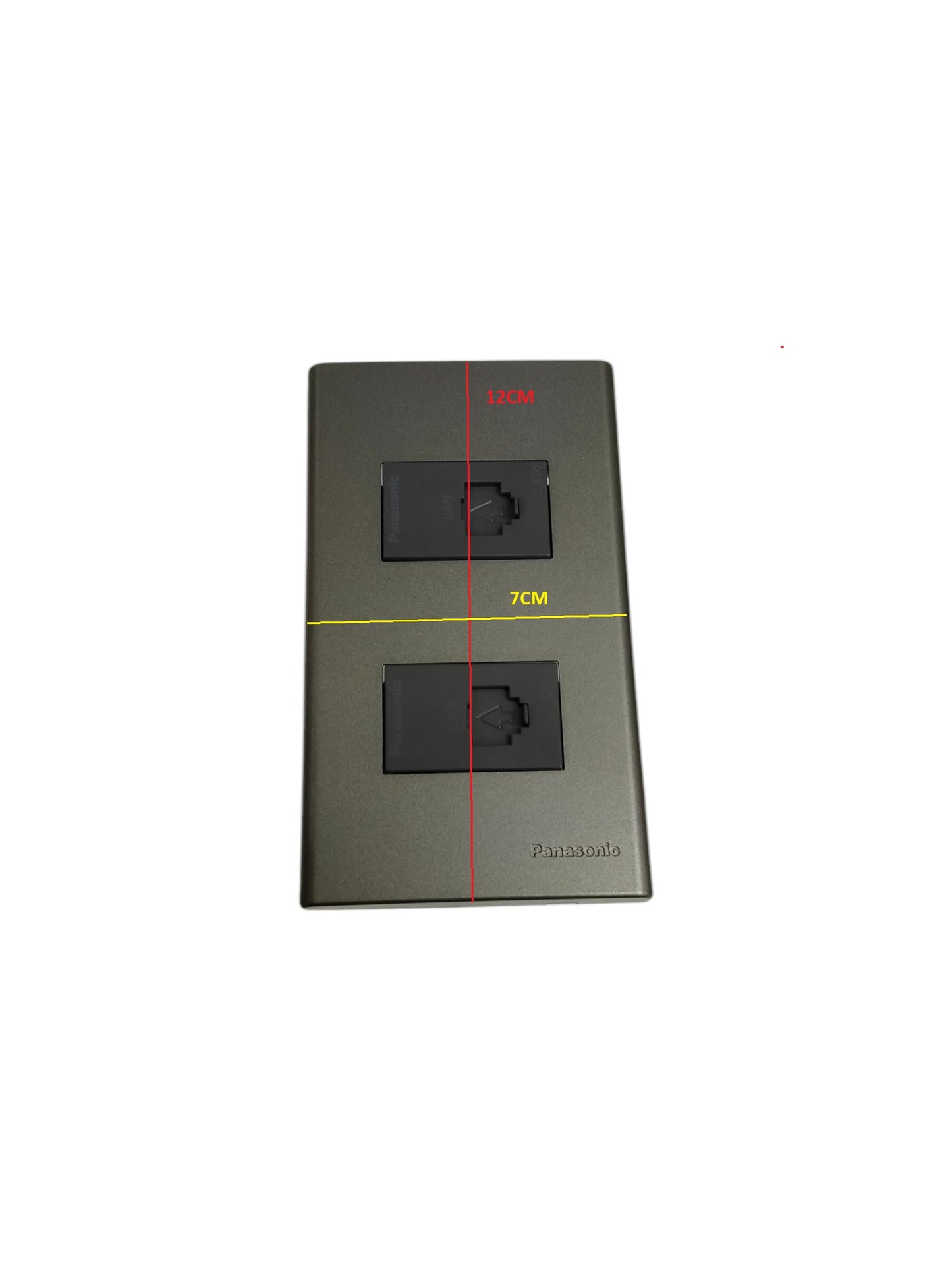 Panasonic 2 gang data outlet with two black Ethernet ports on a gray wall plate