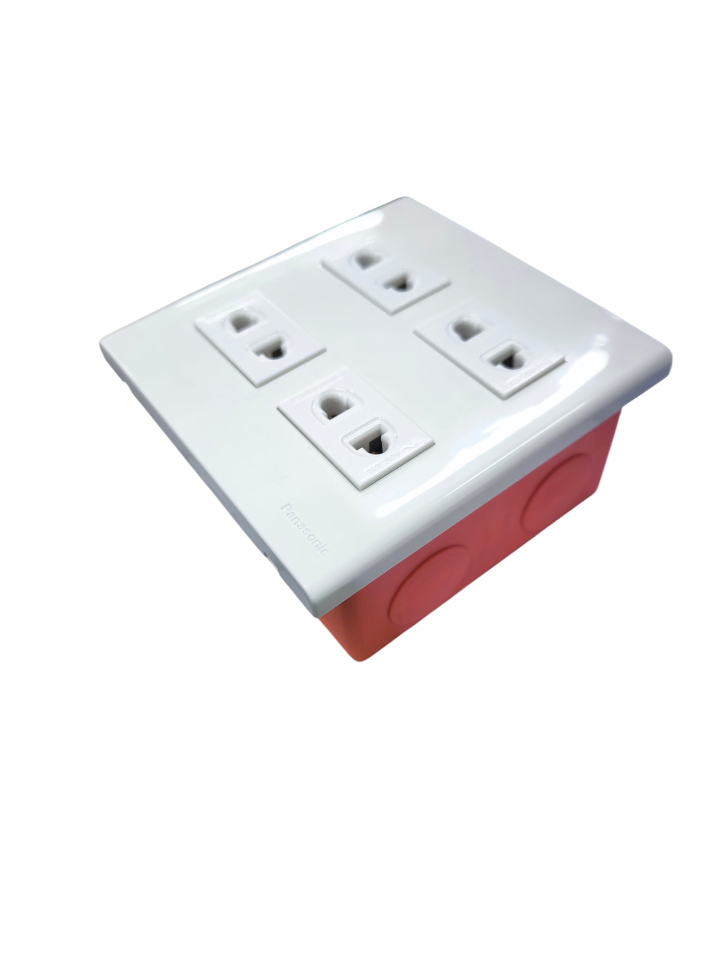 Panasonic 4 gang universal outlet with white faceplate and red mounting box for electrical power points