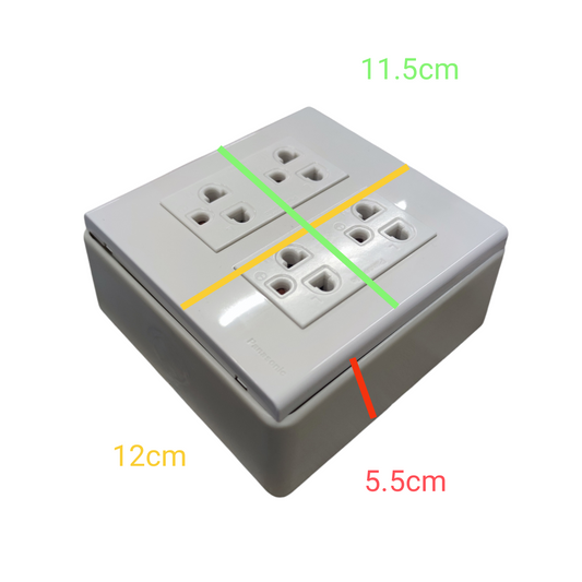 Duplex socket outlet with ground 16A featuring dual outlets in a compact white plastic casing with dimensions