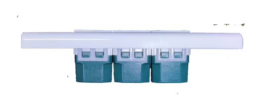 Panasonic 3 gang universal outlet white faceplate with three green modular sockets on black background