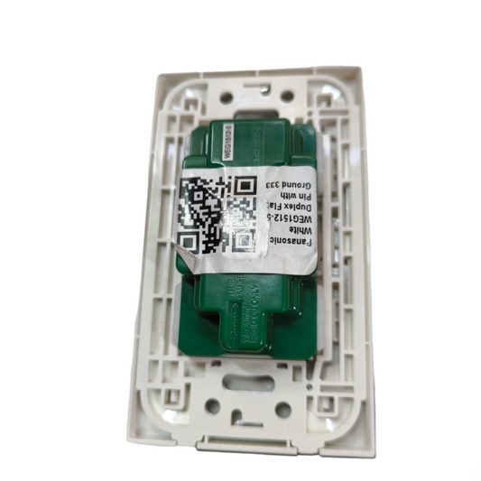 Panasonic duplex outlet 16A 250V green module with white faceplate and mounting frame rear view