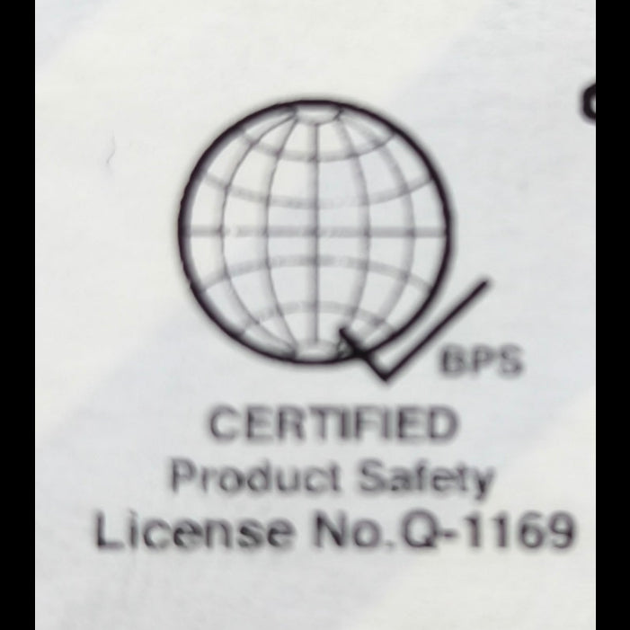 Panasonic duplex outlet 220V 15A safety certification label with globe and check mark license No Q1169
