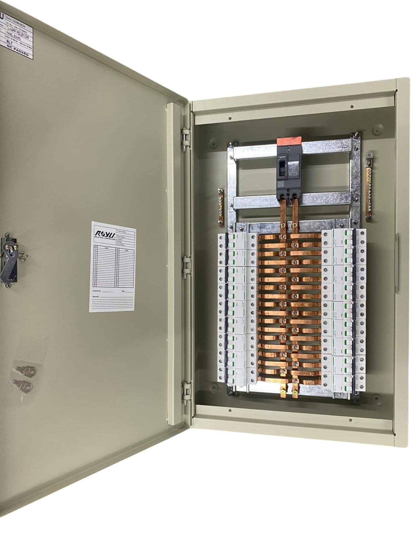 Schneider Panel Board EZC100H 80A 2 Pole Main with copper bus bars and circuit breakers inside metal enclosure