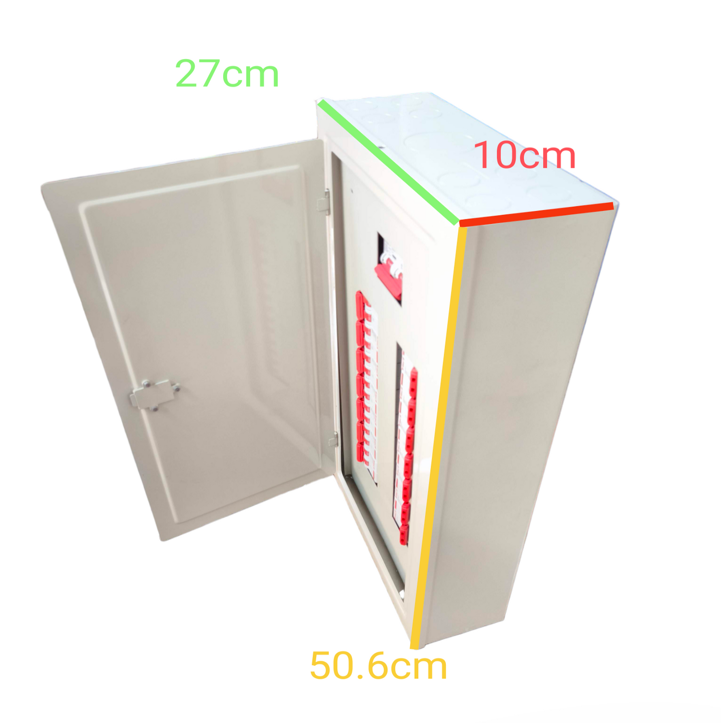 Himel panel board for miniature circuit breaker with white metal enclosure and open door showing internal circuitry
