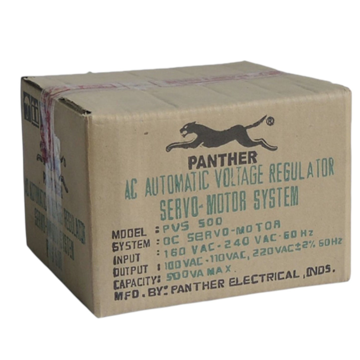 Panther 500W Servo Motor AVR Automatic voltage regulator in a cardboard box with model PVS 500