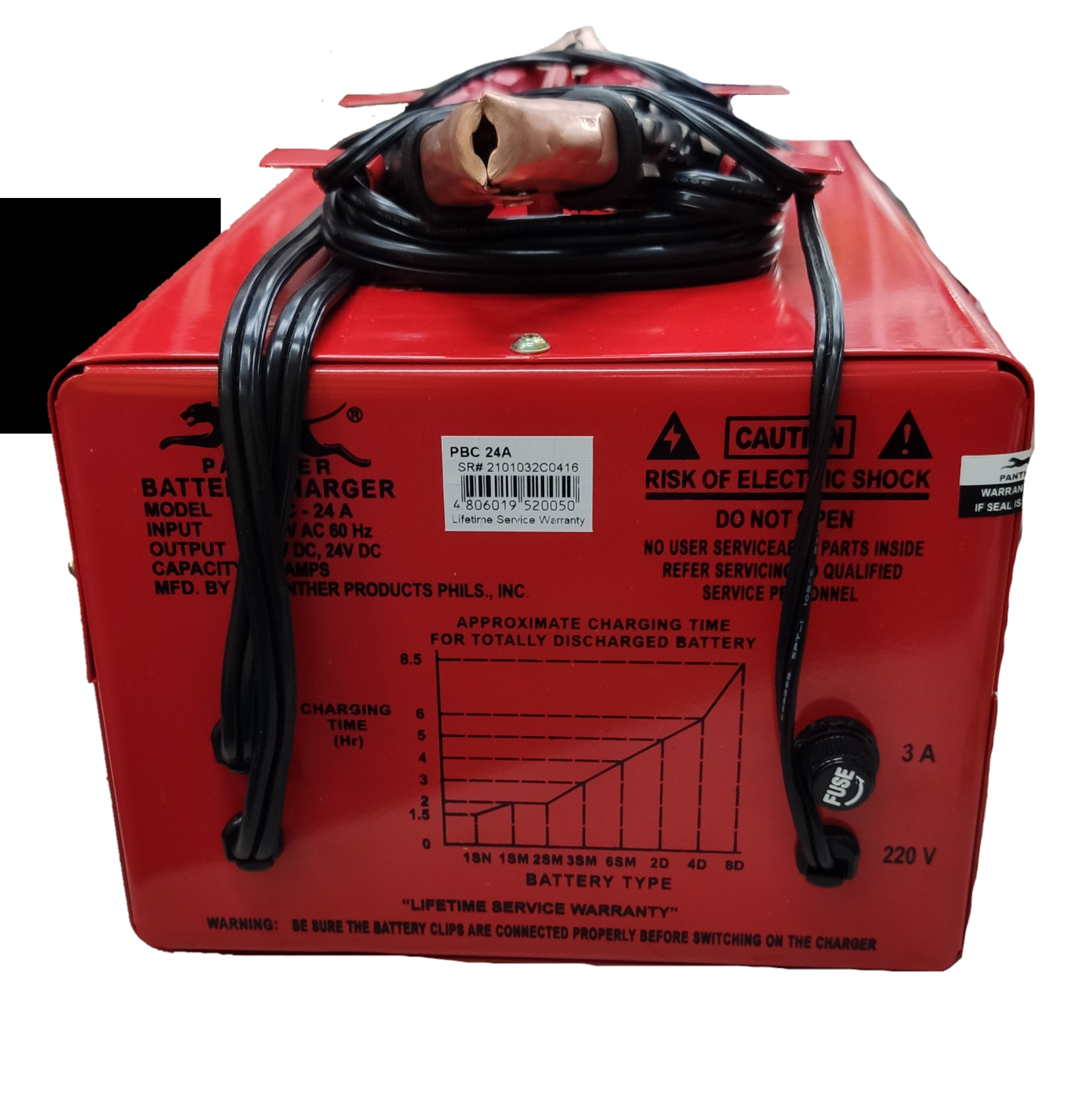 Panther Battery Charger 24A 12V red portable starter with power cables and charging chart