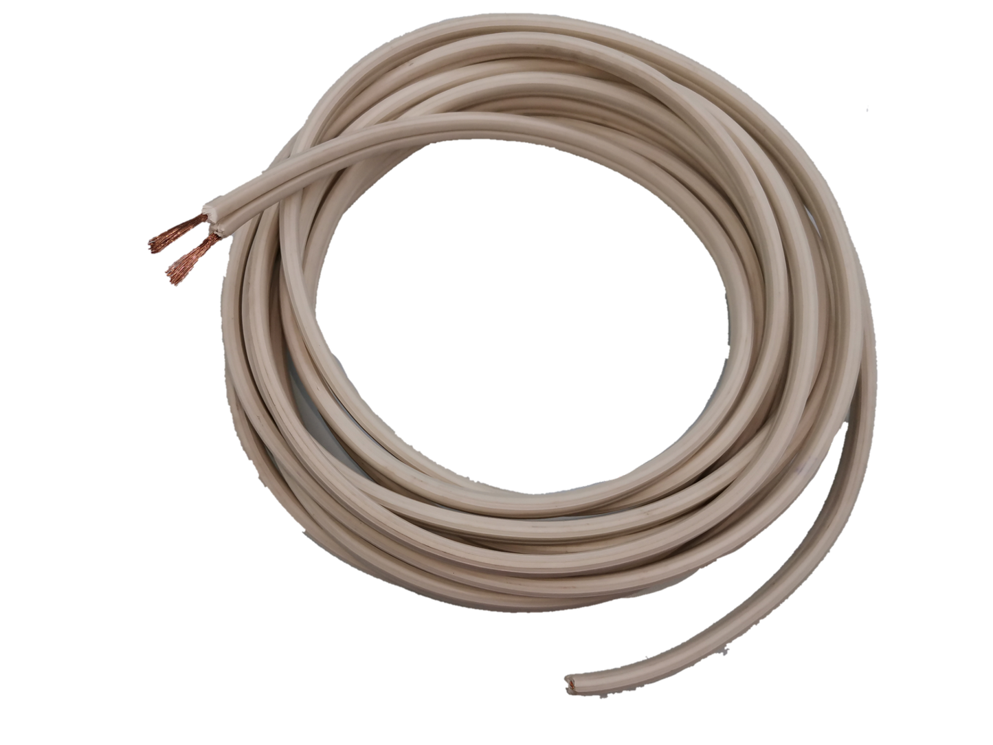 Coiled beige two conductor flat cable with stripped copper ends Philflex flat cord wire AWG 12 - 2C for lighting