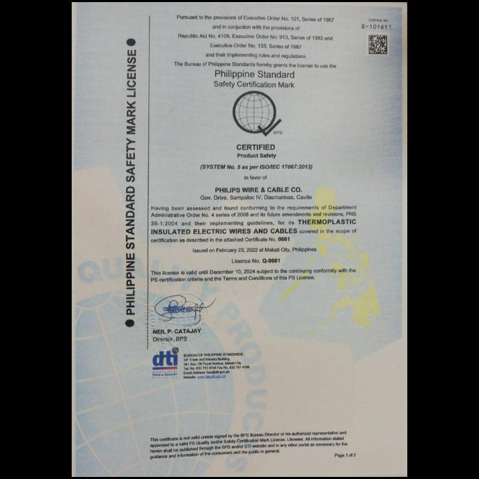 Philflex certified Philippine Standard safety license for stranded thermoplastic fixture wire product