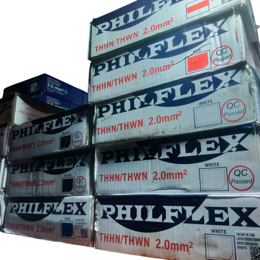 Philflex THWN AWG 14 stranded Black electrical wires stacked with packaging showing 2.0mm THHN THWN labels