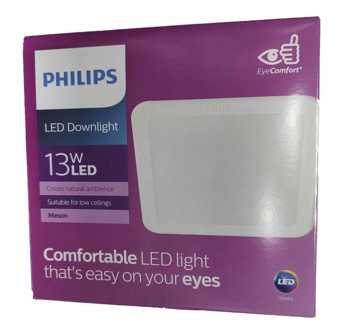 Philips 13W LED downlight 220V 140mm packaging showing comfortable LED light for low ceilings