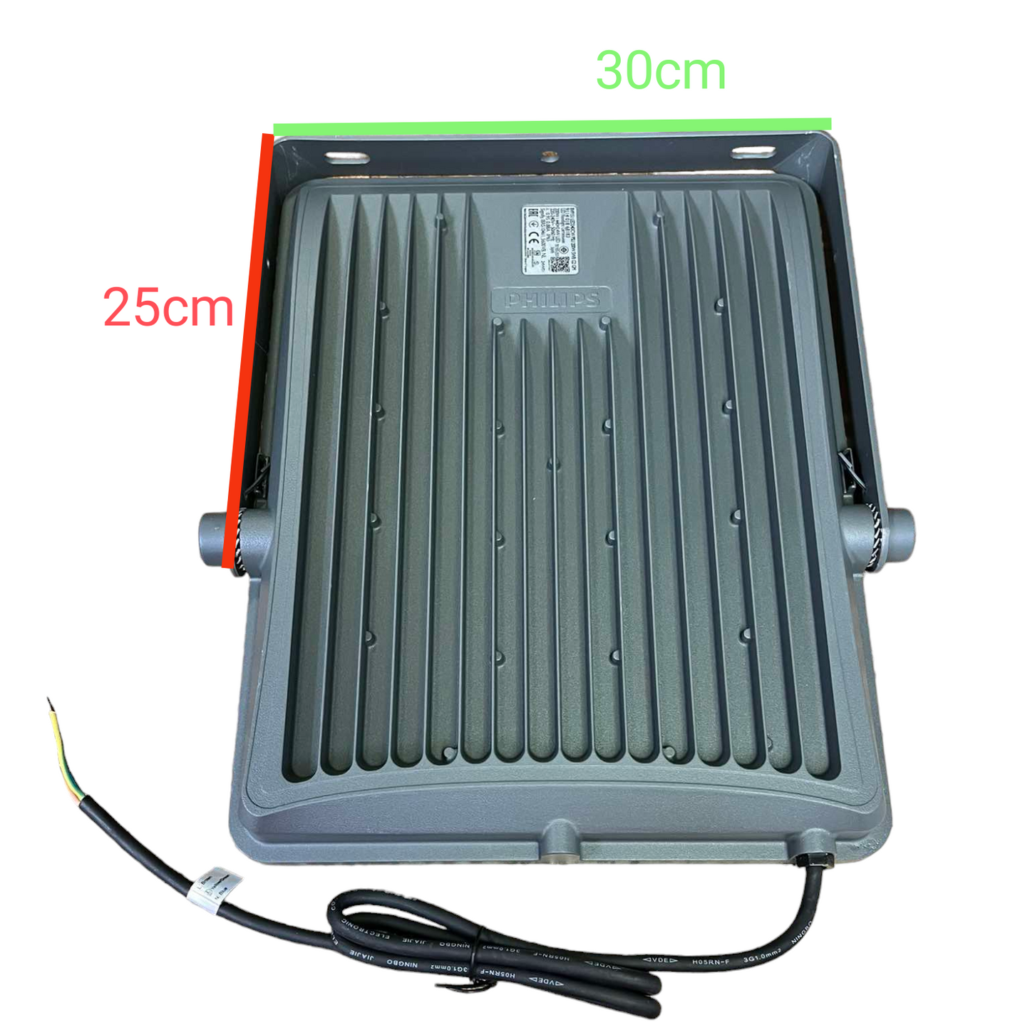 Back view of Philips 200W LED flood light with dimensions 30cm by 25cm and attached power cable