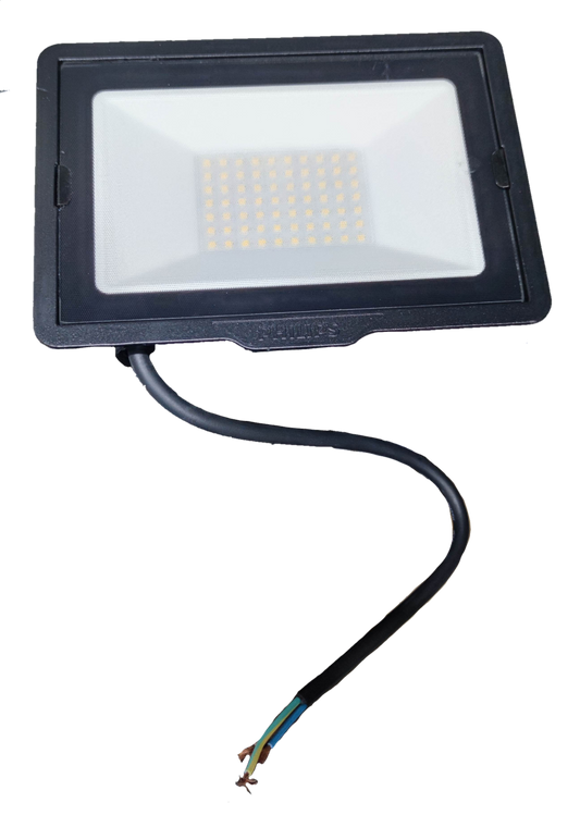 Philips 50W LED Floodlight 220V 4000K outdoor lighting with black frame and exposed wiring