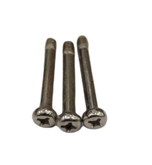 Three shiny metal Philips Cross Positive Screw Long Screw Tip screws arranged side by side on black background