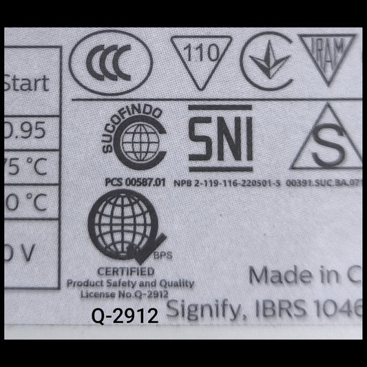 Close-up label showing certification marks and details on Philips electronic ballast 220V for lighting installation