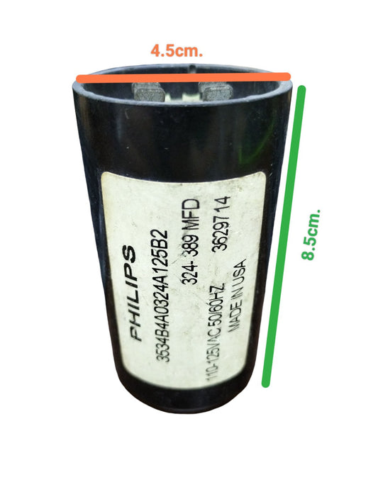 BMI Motor Starting Capacitor 324-389 MFD black cylindrical electrical part with labeled specifications