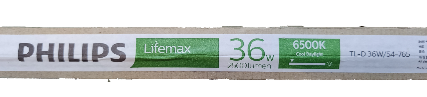 Philips 36W T8 fluorescent tube daylight packaging showing Lifemax 36W 6500K 2500 lumen label