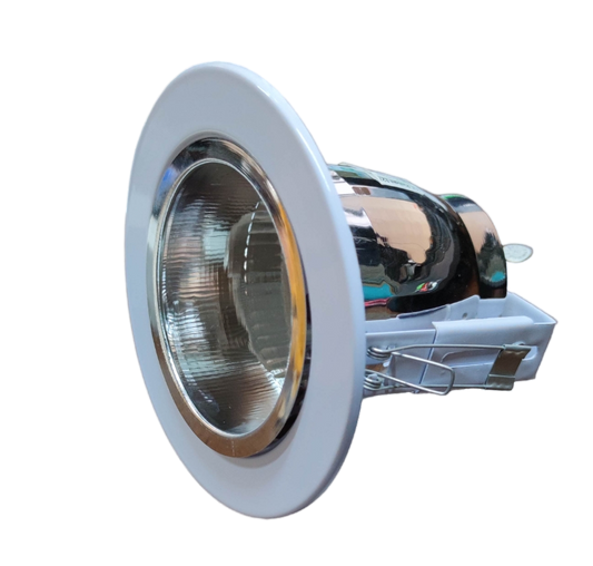Biglite Pinlight Fixture E27 White Border recessed ceiling downlight with chrome reflector and mounting clips