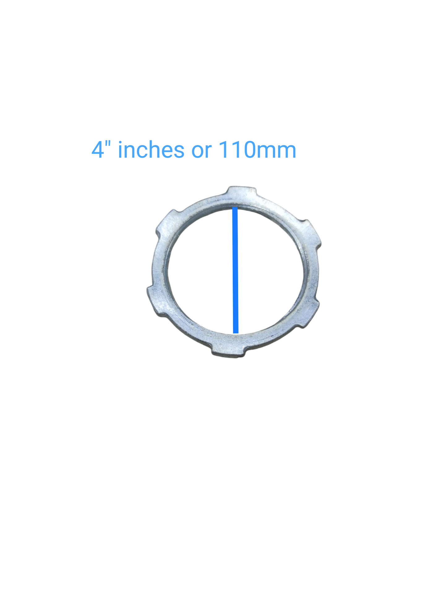 Locknut for RSC Pipe 110mm galvanized steel ring locknut with external tabs shown against white background