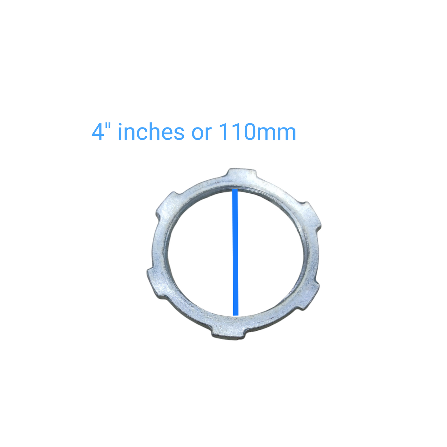 Locknut for RSC Pipes 15mm metal conduit locknut ring on white background with 4 inch 110mm label