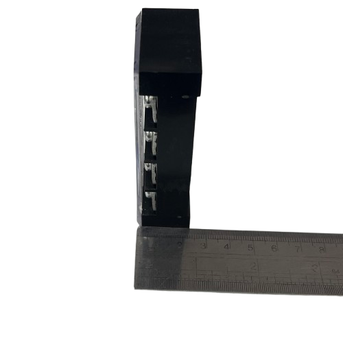 Grippes 45A 4 Pairs Terminal Block 600V black plastic electrical connector with four metal terminals and ruler for scale