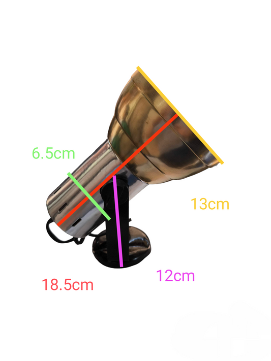 Adjustable metal spotlight with swivel base and measurements shown 100W spotlight socket for industrial use.