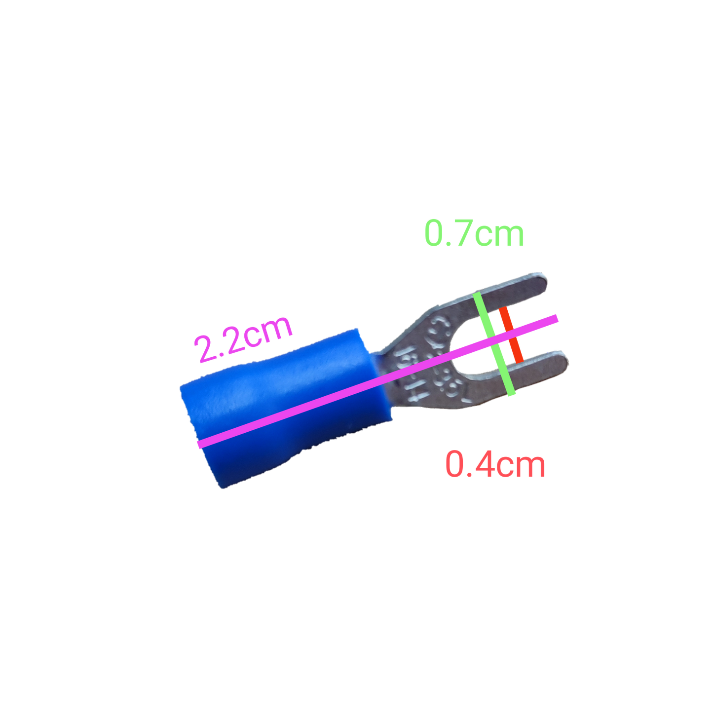 Y type terminal lugs with blue insulation. Blue insulated Y fork terminal lug on black background with metal spade and size marks