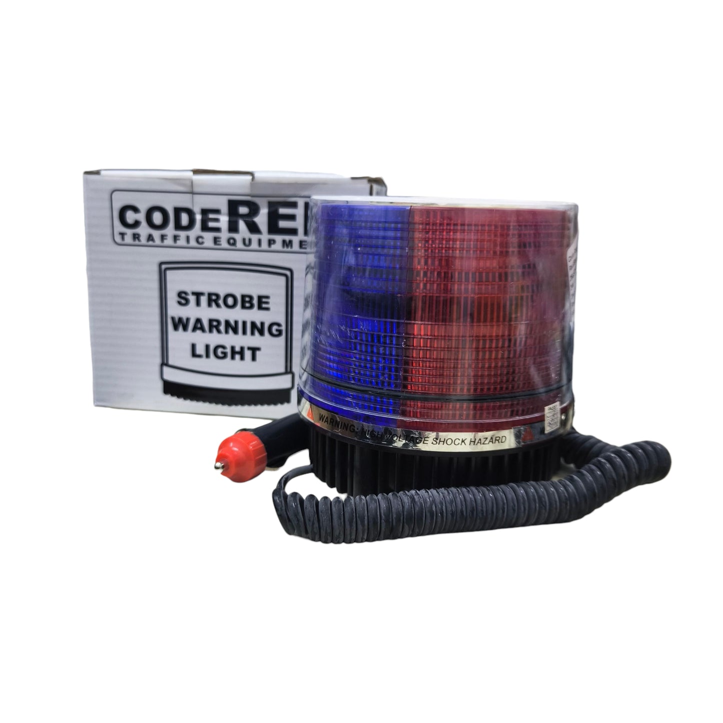 Code Red red blue strobe warning light 12V with coiled cord and packaging for safety and visibility