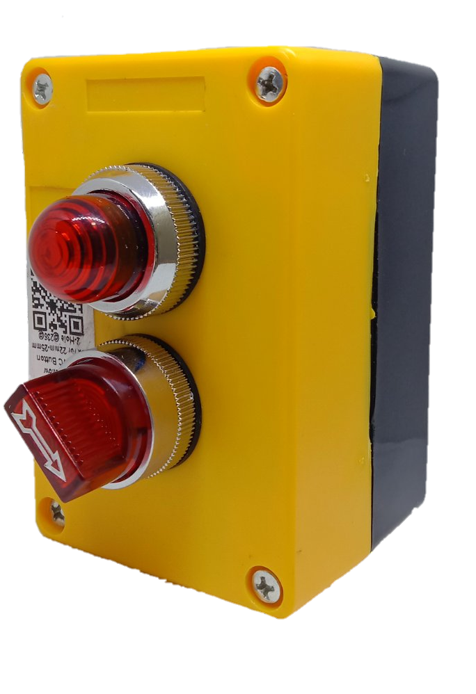 Auspicious red illuminated selector switch mounted on a yellow and black power control box