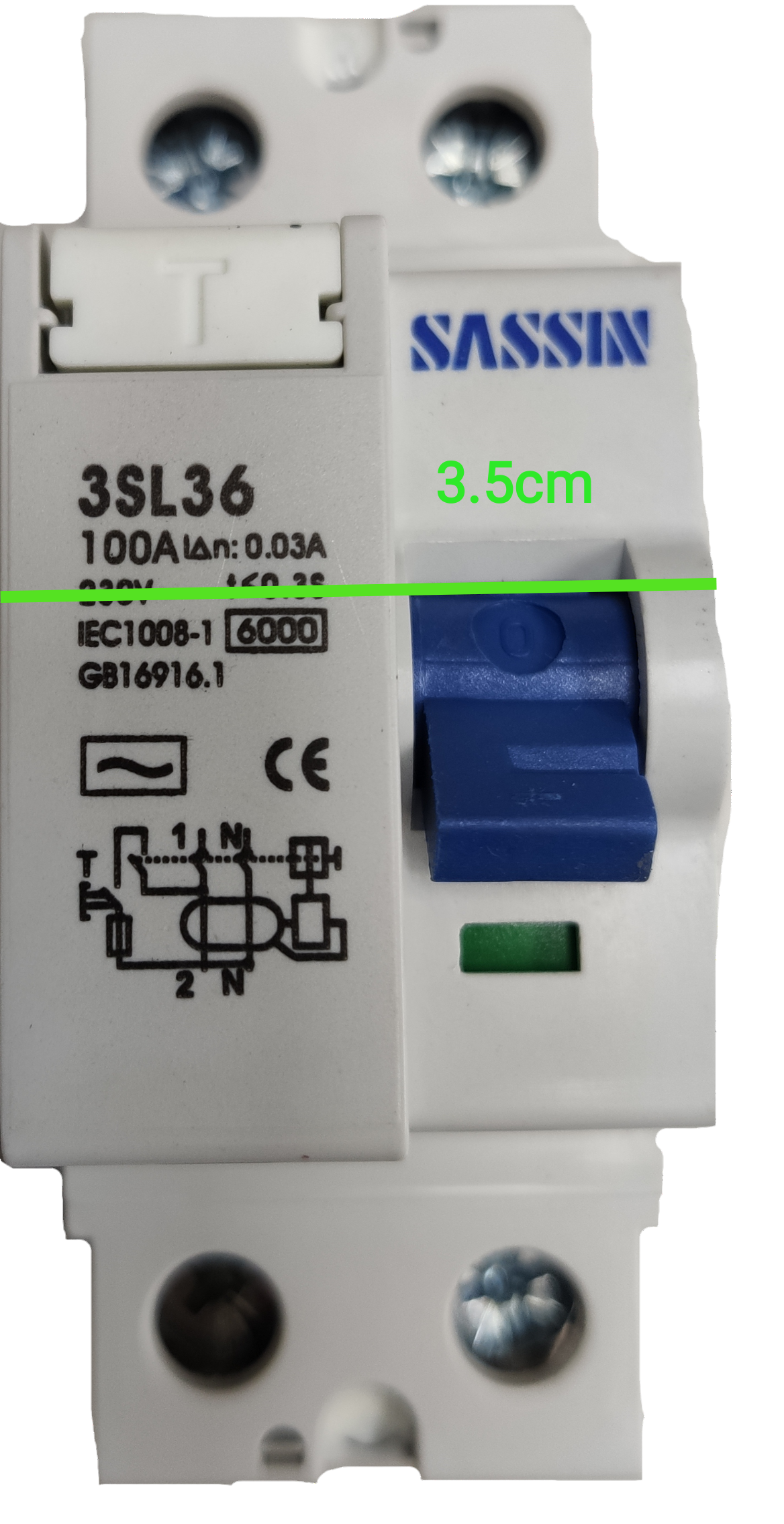 Sassin electrical residual current circuit breaker 30ma with blue toggle switch and 100A rating