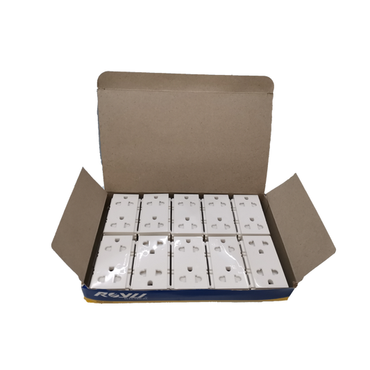 Box of Royu Universal Outlet with Ground RWO11 power points with white casing