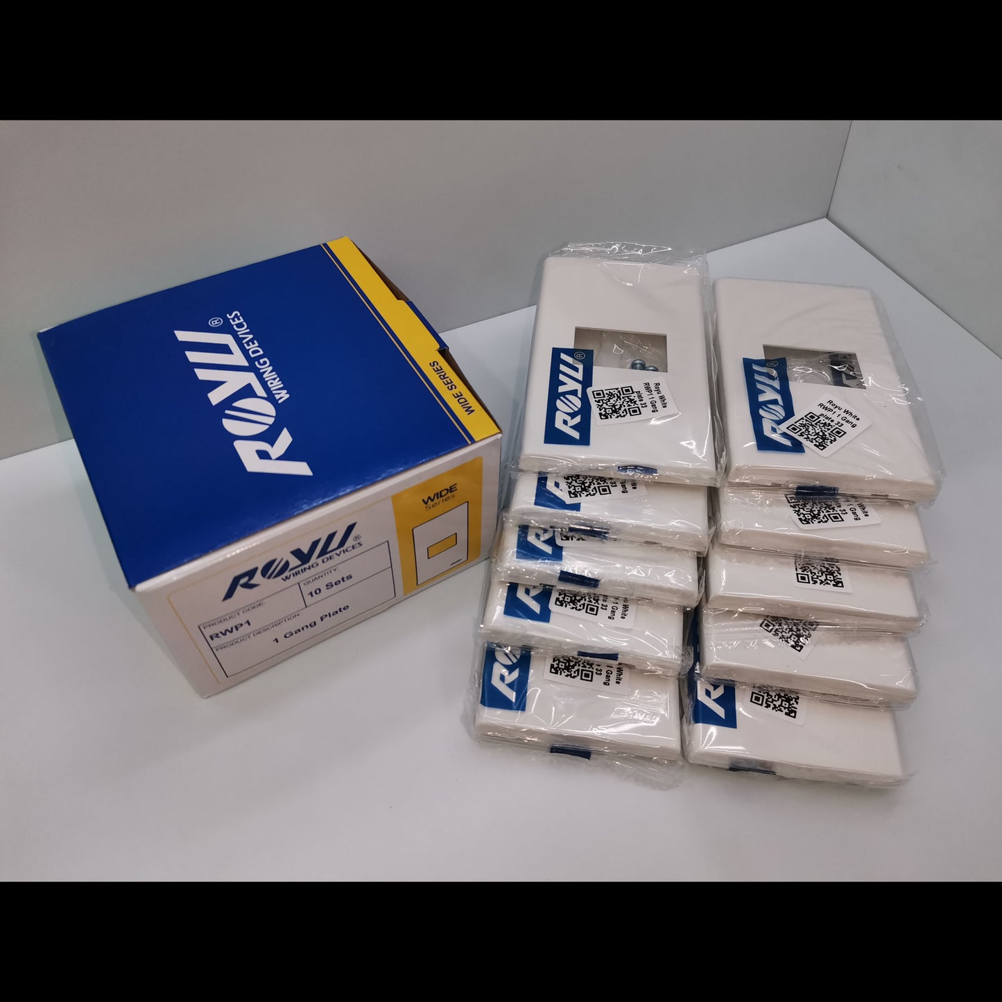 Royu boxed pack of ten white 1 gang wall plates stacked with packaging 1 Gang Plate Wide Series 10PCS