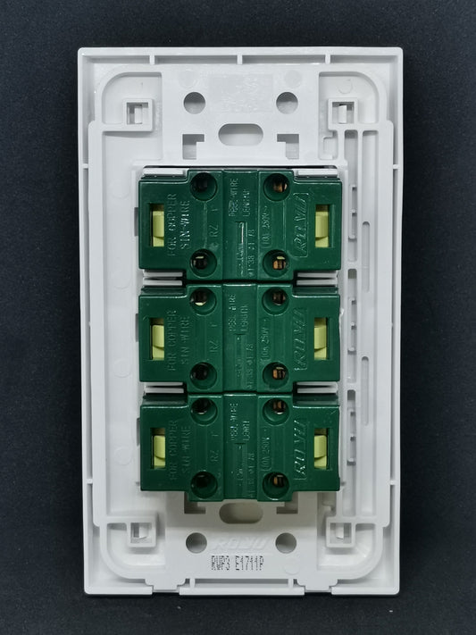 Royu 3 gang universal outlet with plate showing green socket connectors and white mounting frame
