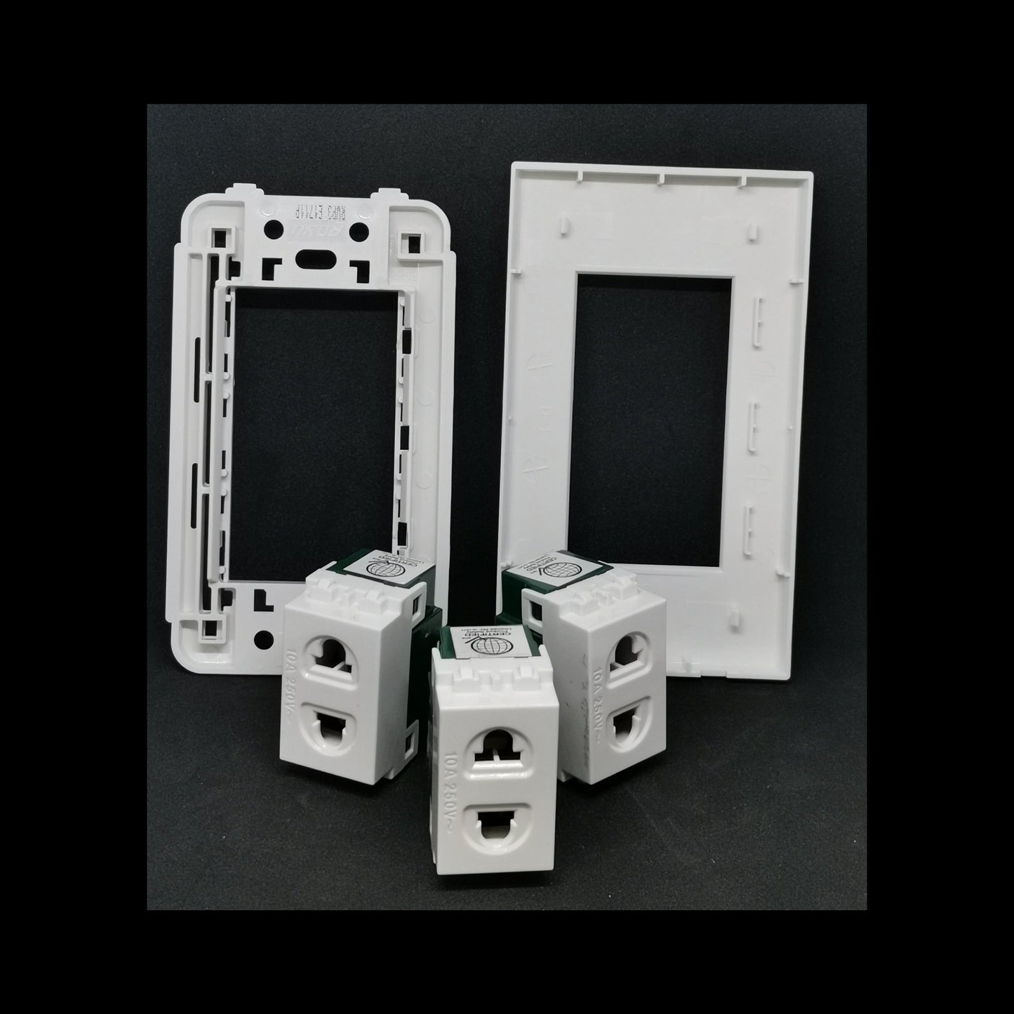 Royu 3 gang universal outlet with plate components including three outlet modules and white mounting plates