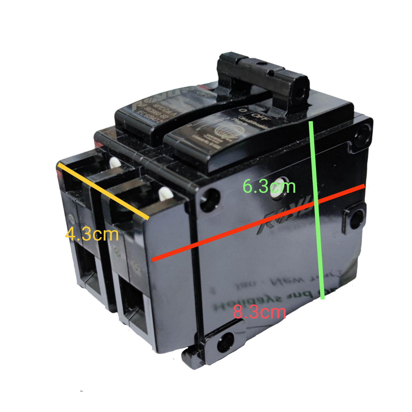 Royu 20A Circuit Breaker 2pole Plug In black electrical component with size dimensions
