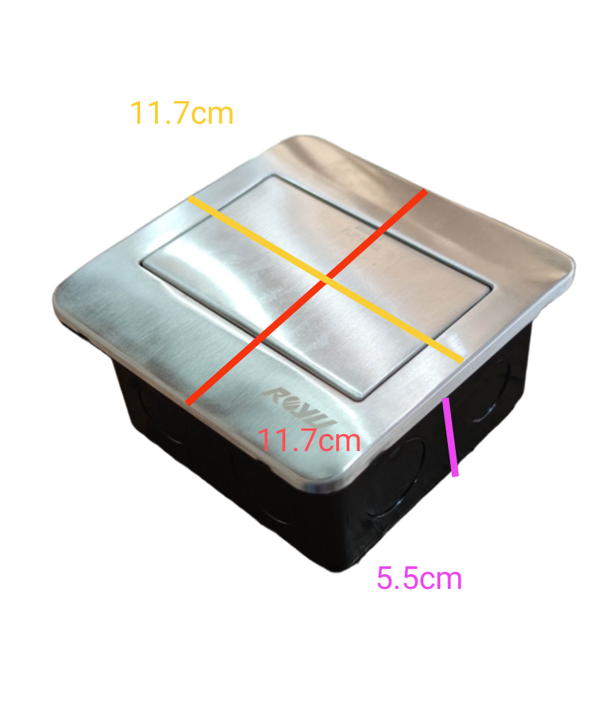 Royu floor outlet fixture for RWF50 with stainless steel cover and square design measuring 11.7 cm