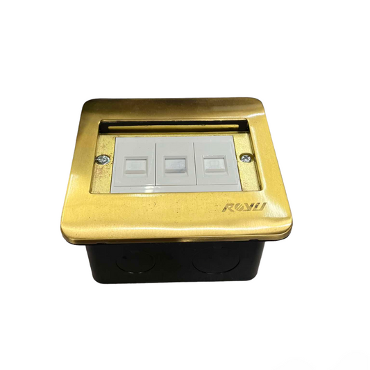 Royu floor outlet TEL and 2 LAN outlet with gold frame and white sockets for power points and switches