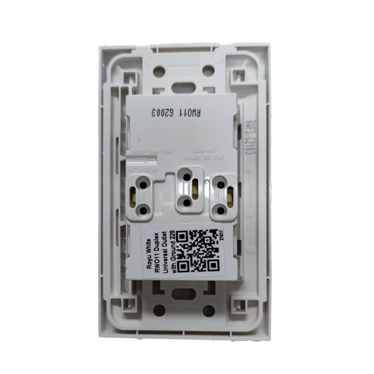 Royu white outlet with ground and plate showing wiring and mounting components