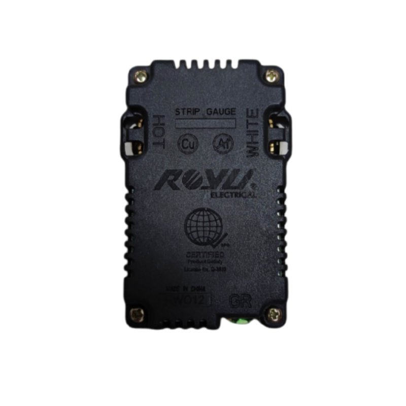 Back view of Royu Duplex Universal Outlet with 2 USB Port showing wiring and certification details